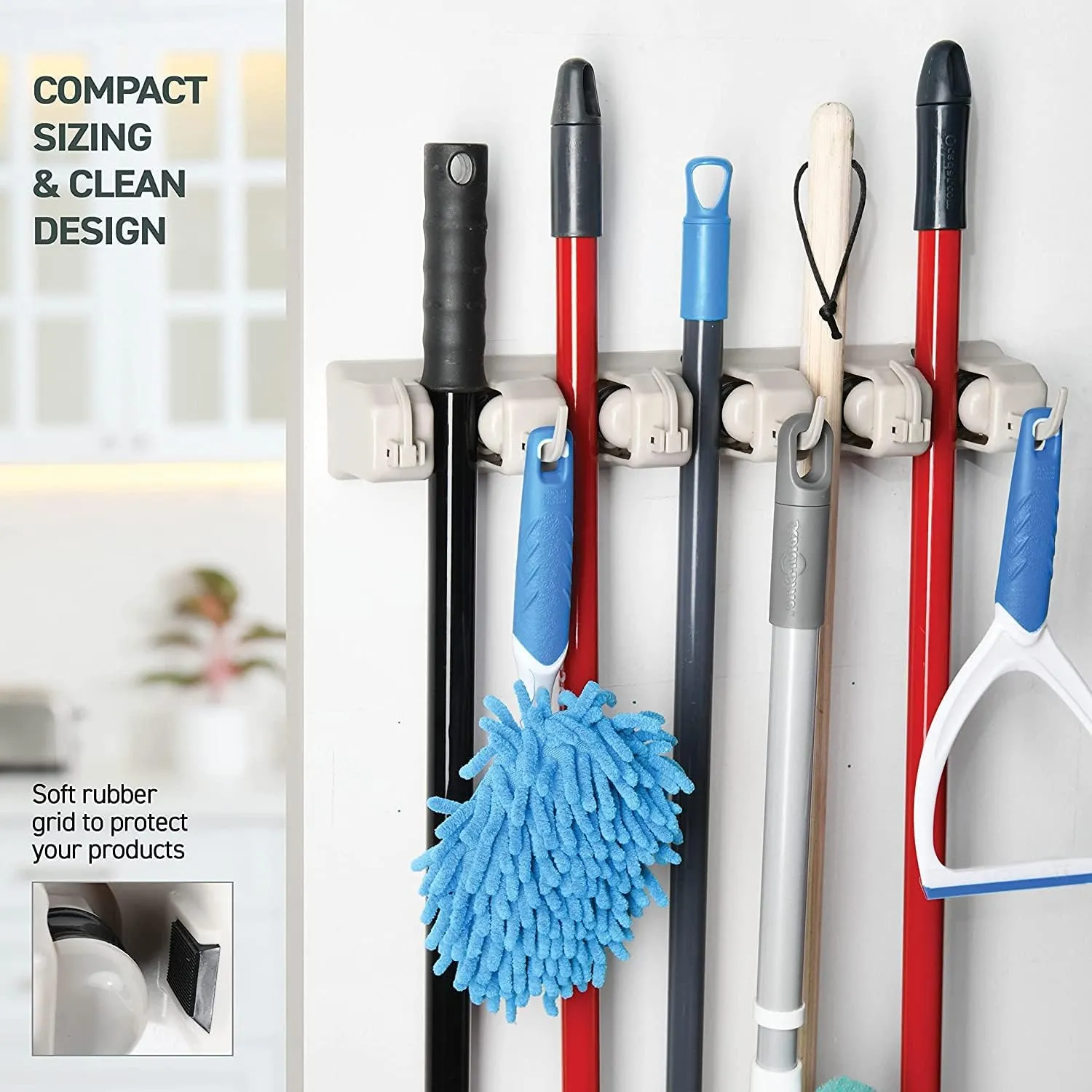 Mop and Broom Holder Wall Mount 2 Pack - Garage Storage Organizer with 5 Slots, 6 Hooks, 7.5lbs Capacity Per Slot - Home, Kitchen, Closet, Laundry Room Organization – Off-White Broom Hanger