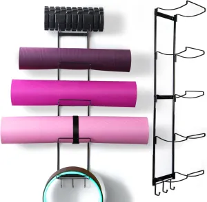 MRZZATA 5-Tiers Yoga Mat Holder Wall Mount, Metal Storage Rack for Yoga Mat/Wheels, Wall Rack Organizer with 3-Hooks for Hanging Stretching Strap & Resistance Bands, Yoga Room/Home Gym Decor