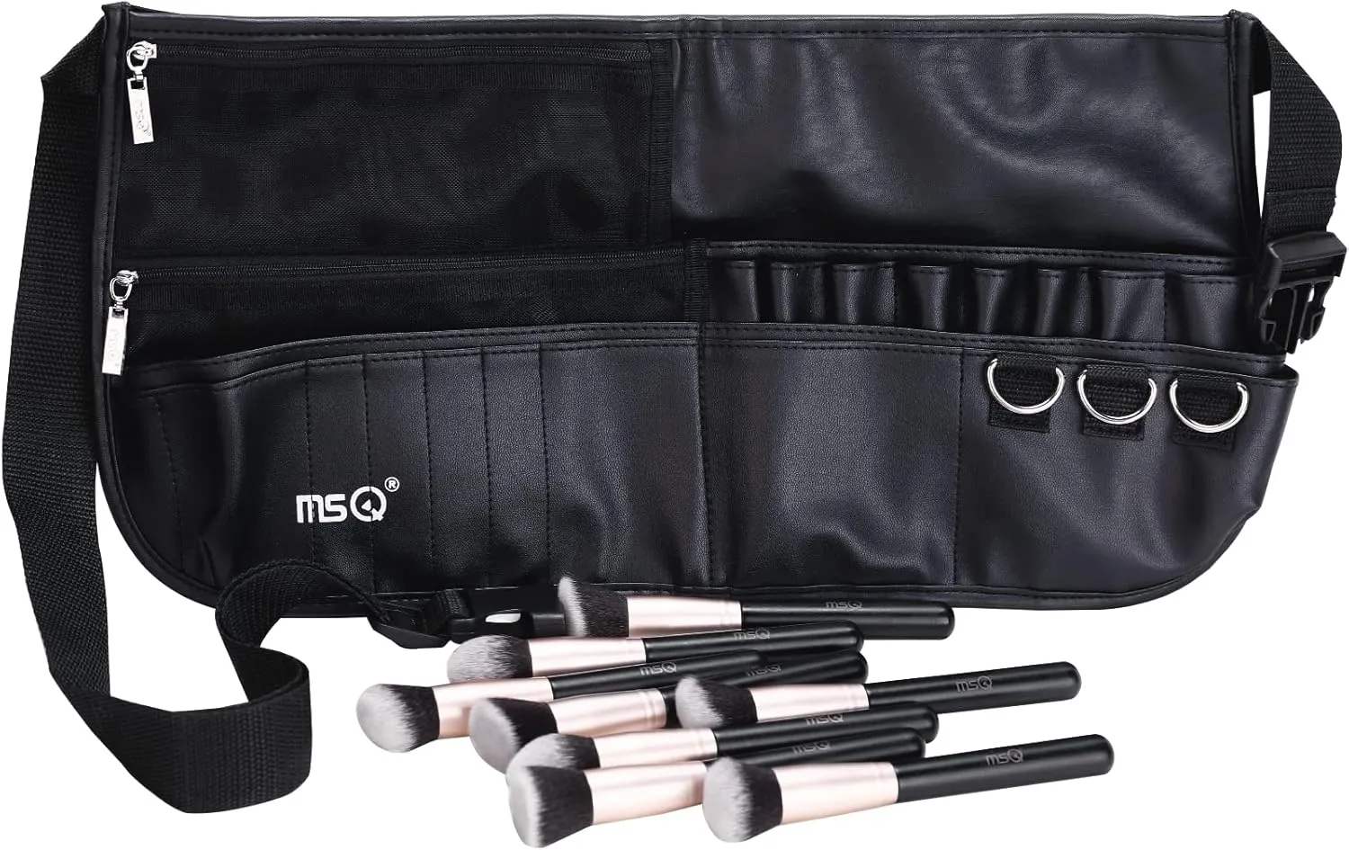 MSQ Makeup Brush Bag with Belt Multi Pocket Foldable Apron Pack Cosmetic Brush Pouch Holder Organizer with Adjustable Artist Belt Strap Best for Artist/Fashion Stylist(without brush)