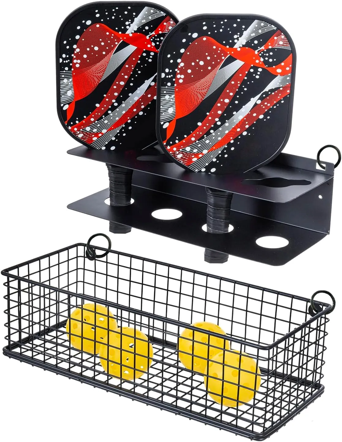 MyGift 16.5 Inch Black Metal Pickleball Paddle Rack and Ball Storage, Wall Mounted or Fence Hanging Equipment Organizer with Racket Holder and Basket for Balls
