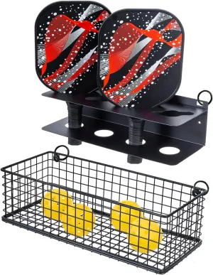 MyGift 16.5 Inch Black Metal Pickleball Paddle Rack and Ball Storage, Wall Mounted or Fence Hanging Equipment Organizer with Racket Holder and Basket for Balls