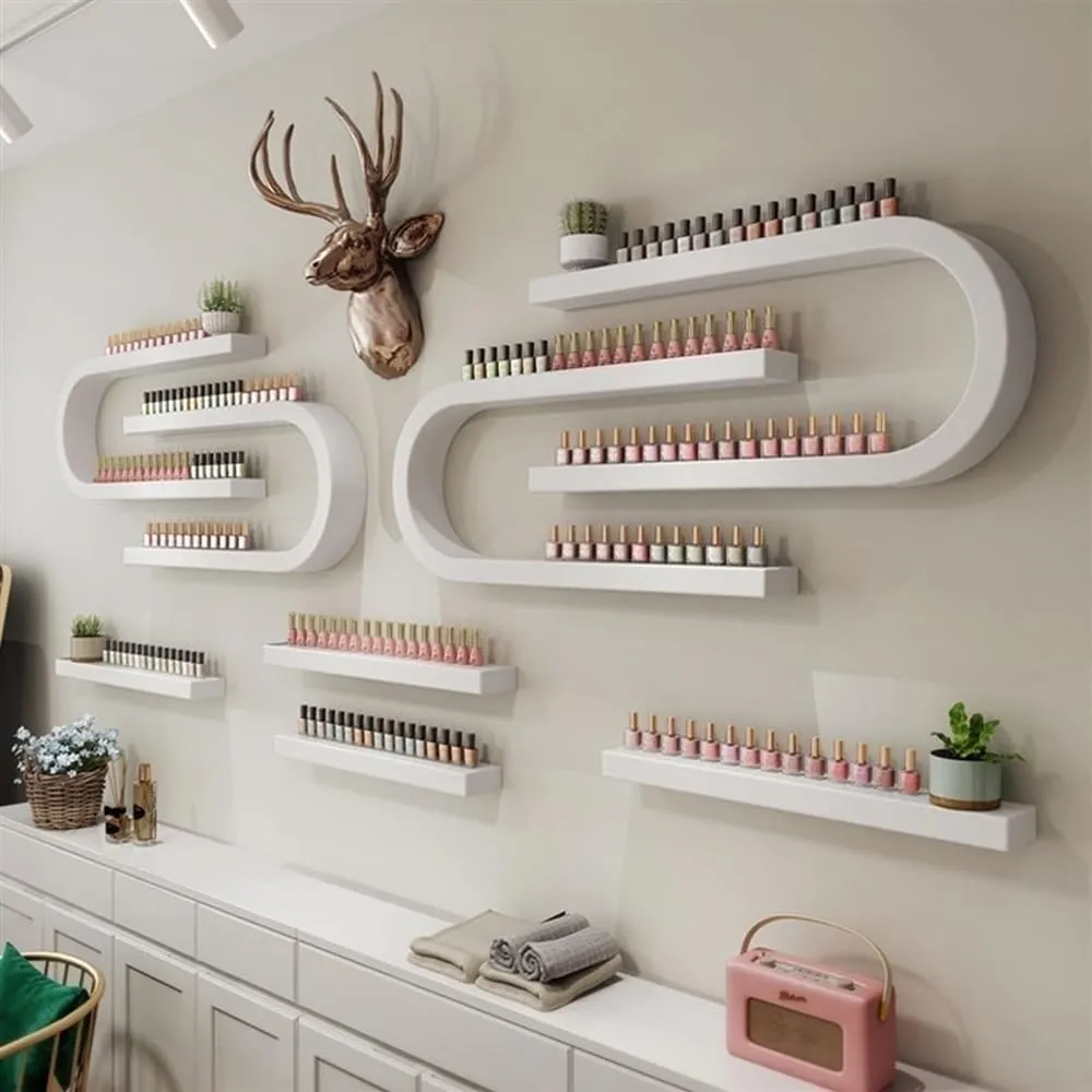Nail Polish Rack for Wall, Nail Polish Organizer Metal Shelf, Wall Mounted Shelf, Nail Settings Display Rack, U-Shaped Storage Shelf, Hanging Salon/Beauty/Nail Shop Organizer Holder(White,8-piece set)