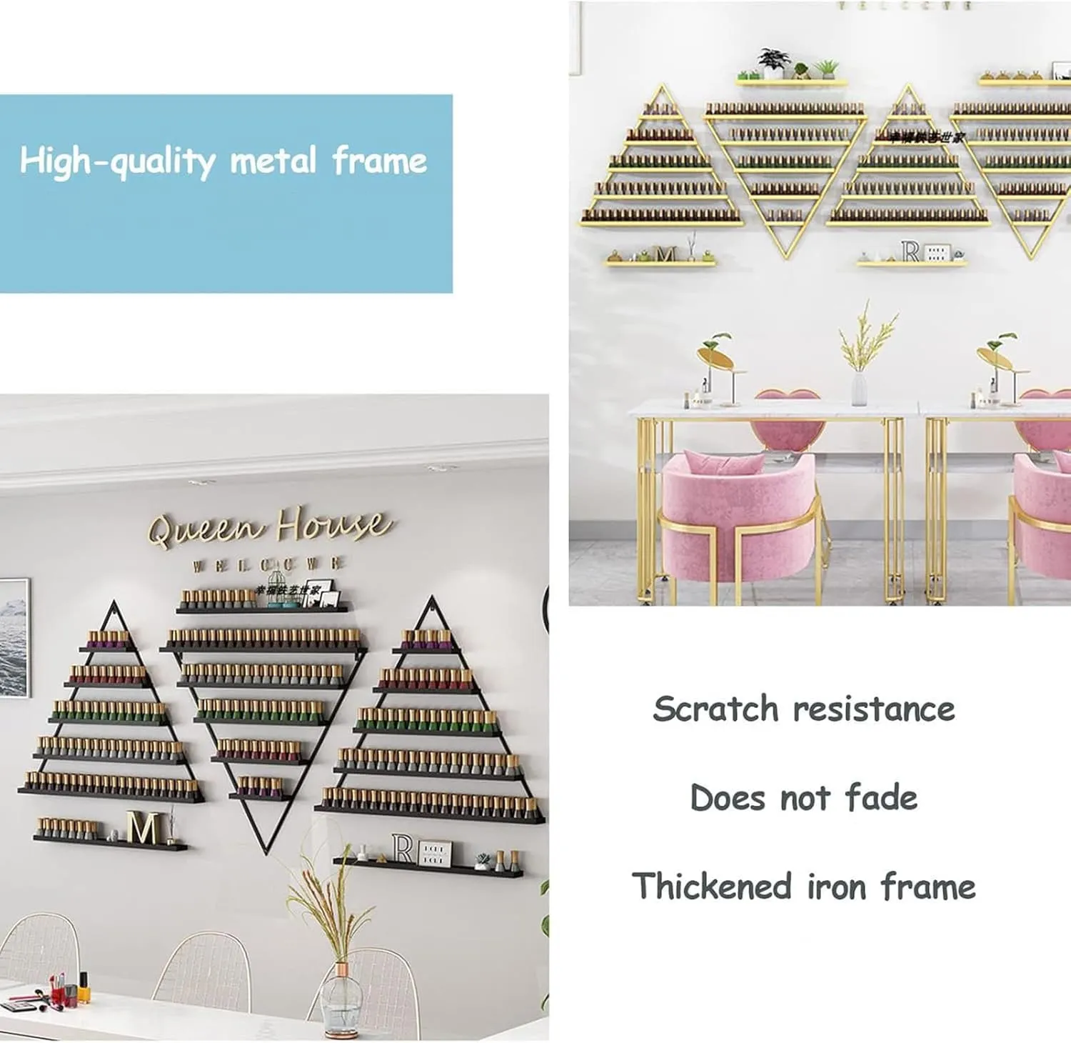 Nail Polish Racks for The Wall, Metal Wall-Mounted Nail Polish Storage Racks 5 Tiers Triangular Display Rack, Multifunctional Hanging Salon/Beauty/Nail Shop Organizer, 8 Piece Set