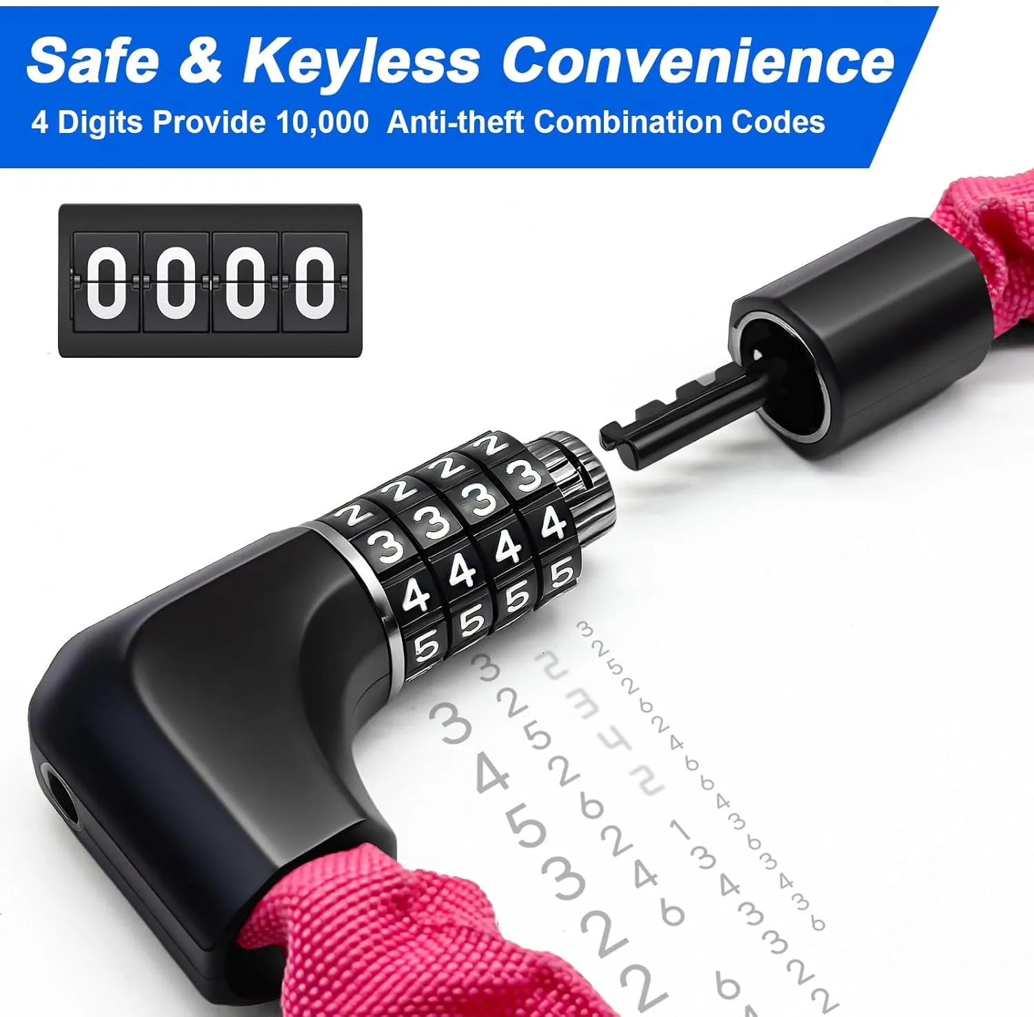 NDakter Upgrade Bike Lock, Bike Chain Lock with 2 Ways to Unlock, 4 Digit Combination Heavy Duty Anti-Theft 3.2/4.28 Ft Bicycle Lock with 2 Keys, High Security Scooter Locks for Ebike, Escooter, Door