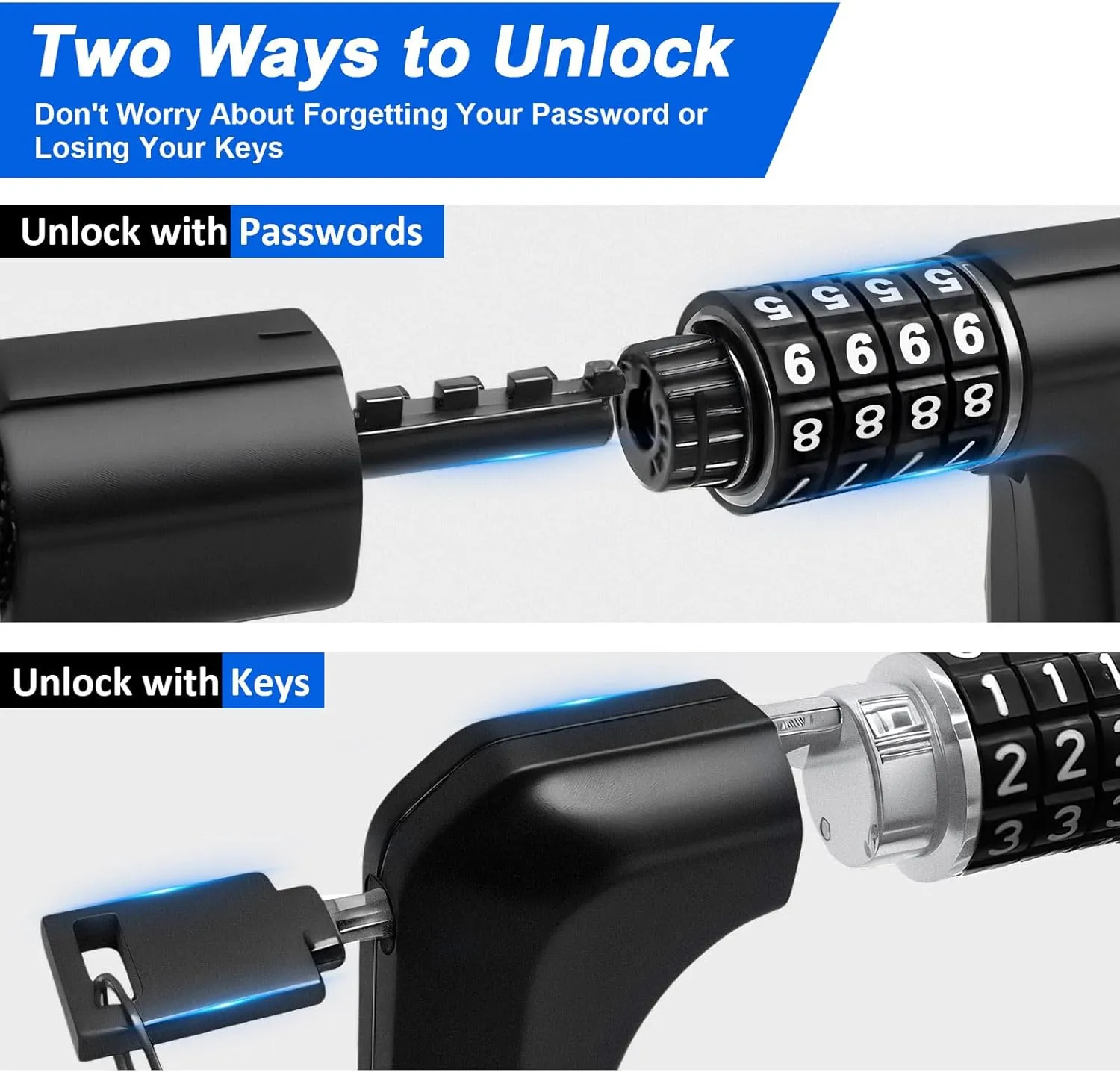 NDakter Upgrade Bike Lock, Bike Chain Lock with 2 Ways to Unlock, 4 Digit Combination Heavy Duty Anti-Theft 3.2/4.28 Ft Bicycle Lock with 2 Keys, High Security Scooter Locks for Ebike, Escooter, Door