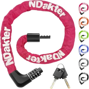 NDakter Upgrade Bike Lock, Bike Chain Lock with 2 Ways to Unlock, 4 Digit Combination Heavy Duty Anti-Theft 3.2/4.28 Ft Bicycle Lock with 2 Keys, High Security Scooter Locks for Ebike, Escooter, Door