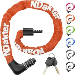 NDakter Upgrade Bike Lock, Bike Chain Lock with 2 Ways to Unlock, 4 Digit Combination Heavy Duty Anti-Theft 3.2/4.28 Ft Bicycle Lock with 2 Keys, High Security Scooter Locks for Ebike, Escooter, Door