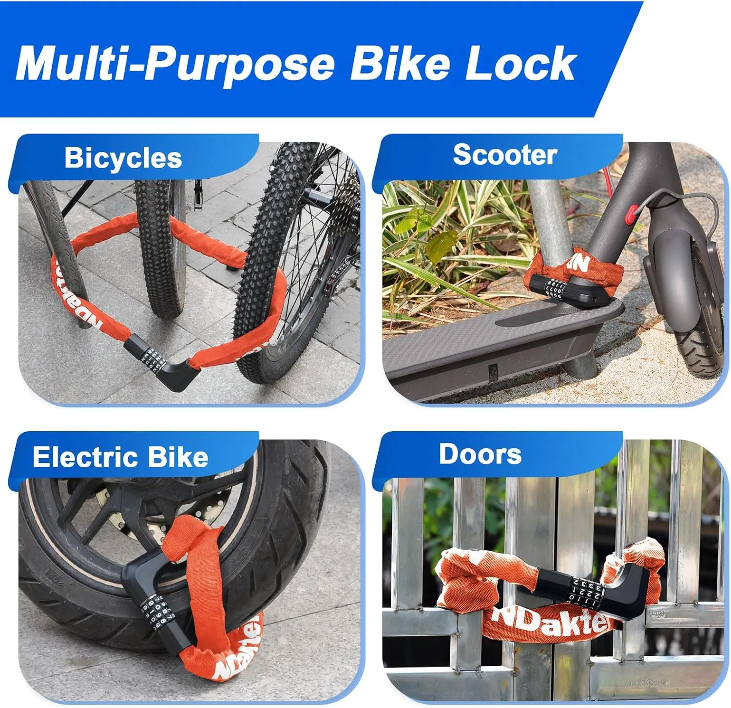 NDakter Upgrade Bike Lock, Bike Chain Lock with 2 Ways to Unlock, 4 Digit Combination Heavy Duty Anti-Theft 3.2/4.28 Ft Bicycle Lock with 2 Keys, High Security Scooter Locks for Ebike, Escooter, Door