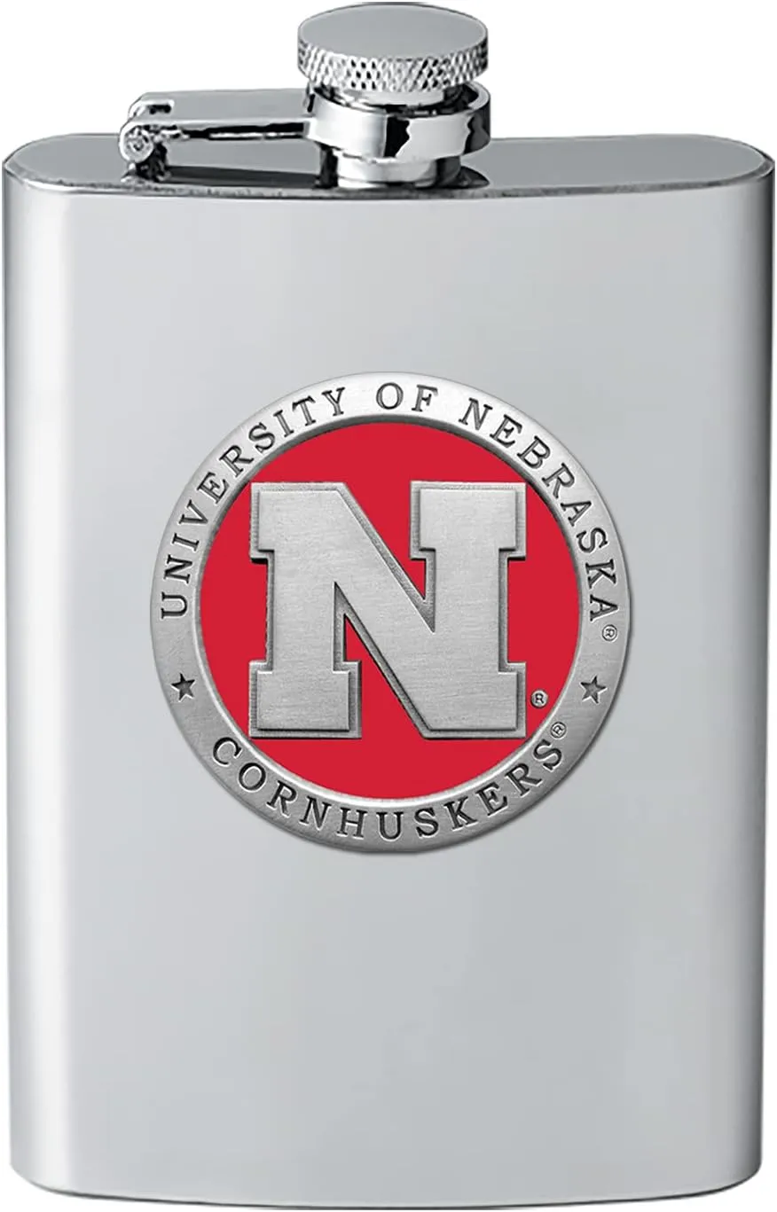 Nebraska Cornhuskers Flask | 8 Ounce Liquor Flask Container - Stainless Steel | Intricately Crafted Metal Pewter Alma Mater Inlay