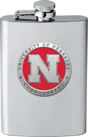 Nebraska Cornhuskers Flask | 8 Ounce Liquor Flask Container - Stainless Steel | Intricately Crafted Metal Pewter Alma Mater Inlay
