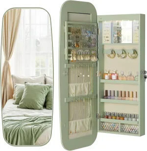 Nicetree LED Mirror Jewelry Cabinet, Rounded Jewelry Armoire Organizer, Wall or Door Mounted Jewelry Organizer with Interior Mirror, Lockable Wide Mirror with Jewelry Storage, 2 Drawers, Green