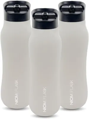 NIOM 3 x Stainless Steel Bottle (Beige White), With 3 Type Leak Proof Design Lids, Vacuum Flask Suitable For Travel & Outdoor Extreme Activities
