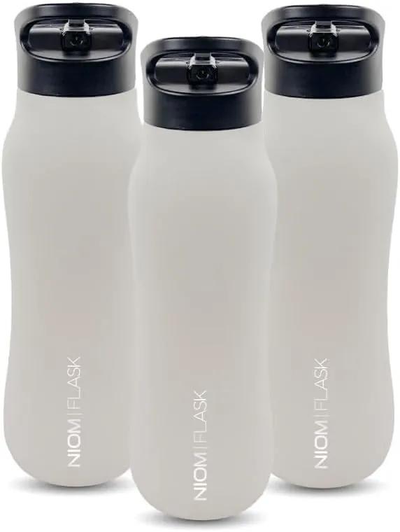 NIOM 3 x Stainless Steel Bottle (Beige White), With 3 Type Leak Proof Design Lids, Vacuum Flask Suitable For Travel & Outdoor Extreme Activities