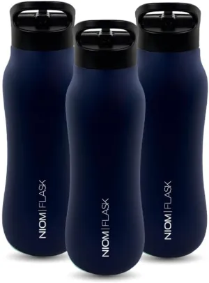 NIOM 3 x Stainless Steel Bottle (Blue Navy), With 3 Type Leak Proof Design Lids, Vacuum Flask Suitable For Travel & Outdoor Extreme Activities