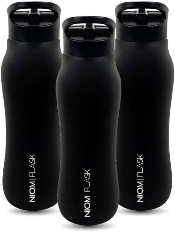 NIOM 3 x Stainless Steel Bottle (Dark Knight), With 3 Type Leak Proof Design Lids, Vacuum Flask Suitable For Travel & Outdoor Extreme Activities