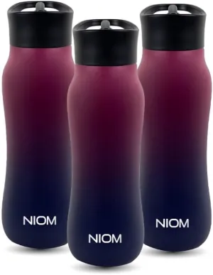 NIOM 3 x Stainless Steel Bottle (Dark Wine), With 3 Type Leak Proof Design Lids, Vacuum Flask Suitable For Travel & Outdoor Extreme Activities