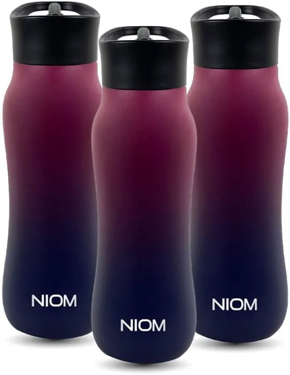 NIOM 3 x Stainless Steel Bottle (Dark Wine), With 3 Type Leak Proof Design Lids, Vacuum Flask Suitable For Travel & Outdoor Extreme Activities