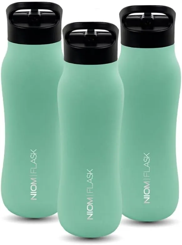 NIOM 3 x Stainless Steel Bottle (Green Mint), With 3 Type Leak Proof Design Lids, Vacuum Flask Suitable For Travel & Outdoor Extreme Activities