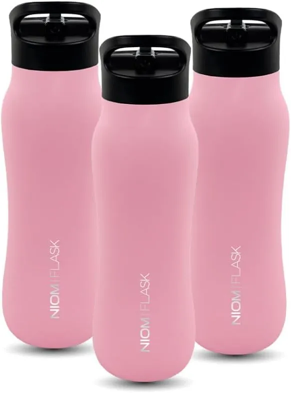 NIOM 3 x Stainless Steel Bottle (Pink Rose), With 3 Type Leak Proof Design Lids, Vacuum Flask Suitable For Travel & Outdoor Extreme Activities