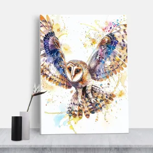 Nocturnal Bird Art, Barn Owl in Flight Watercolor Painting Print, 8''x12'' Framed Modern Canvas