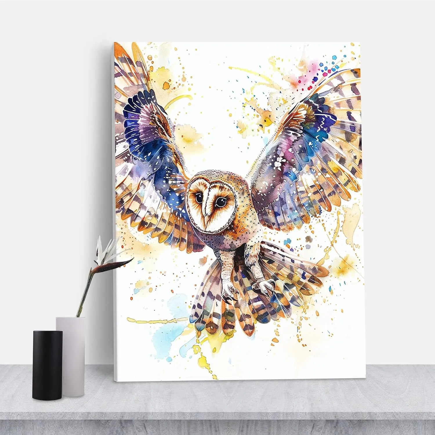 Nocturnal Bird Art, Barn Owl in Flight Watercolor Painting Print, 8''x12'' Framed Modern Canvas
