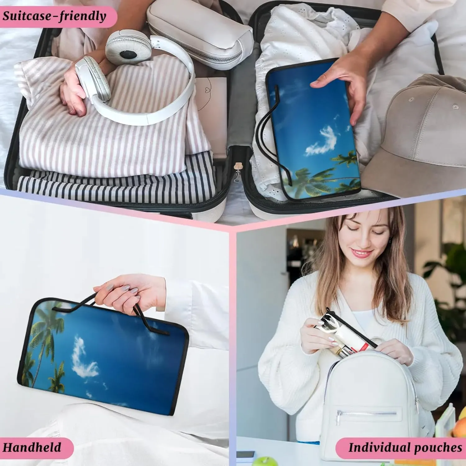 Ocean Water Beach Toiletry Bag Water Proof Travel Makeup Case Large Capacity 4 in 1 Foldable Cosmetics Storage for Women Men Removable Zipper Clear PVC Pockets