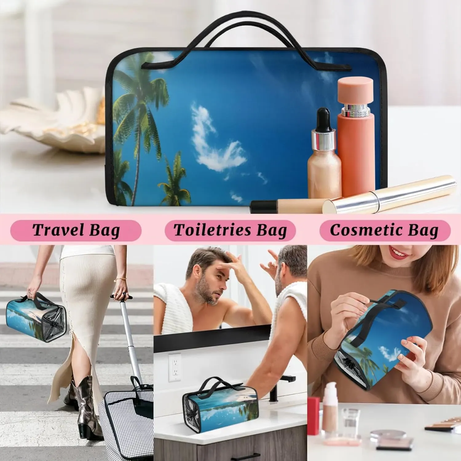 Ocean Water Beach Toiletry Bag Water Proof Travel Makeup Case Large Capacity 4 in 1 Foldable Cosmetics Storage for Women Men Removable Zipper Clear PVC Pockets