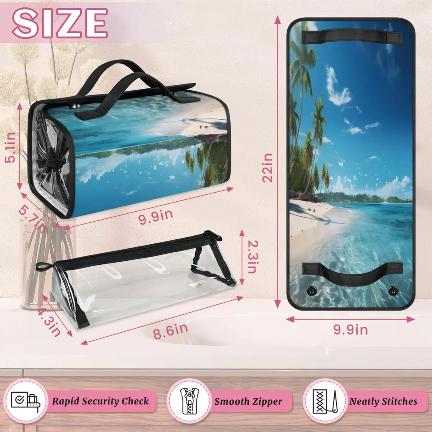 Ocean Water Beach Toiletry Bag Water Proof Travel Makeup Case Large Capacity 4 in 1 Foldable Cosmetics Storage for Women Men Removable Zipper Clear PVC Pockets