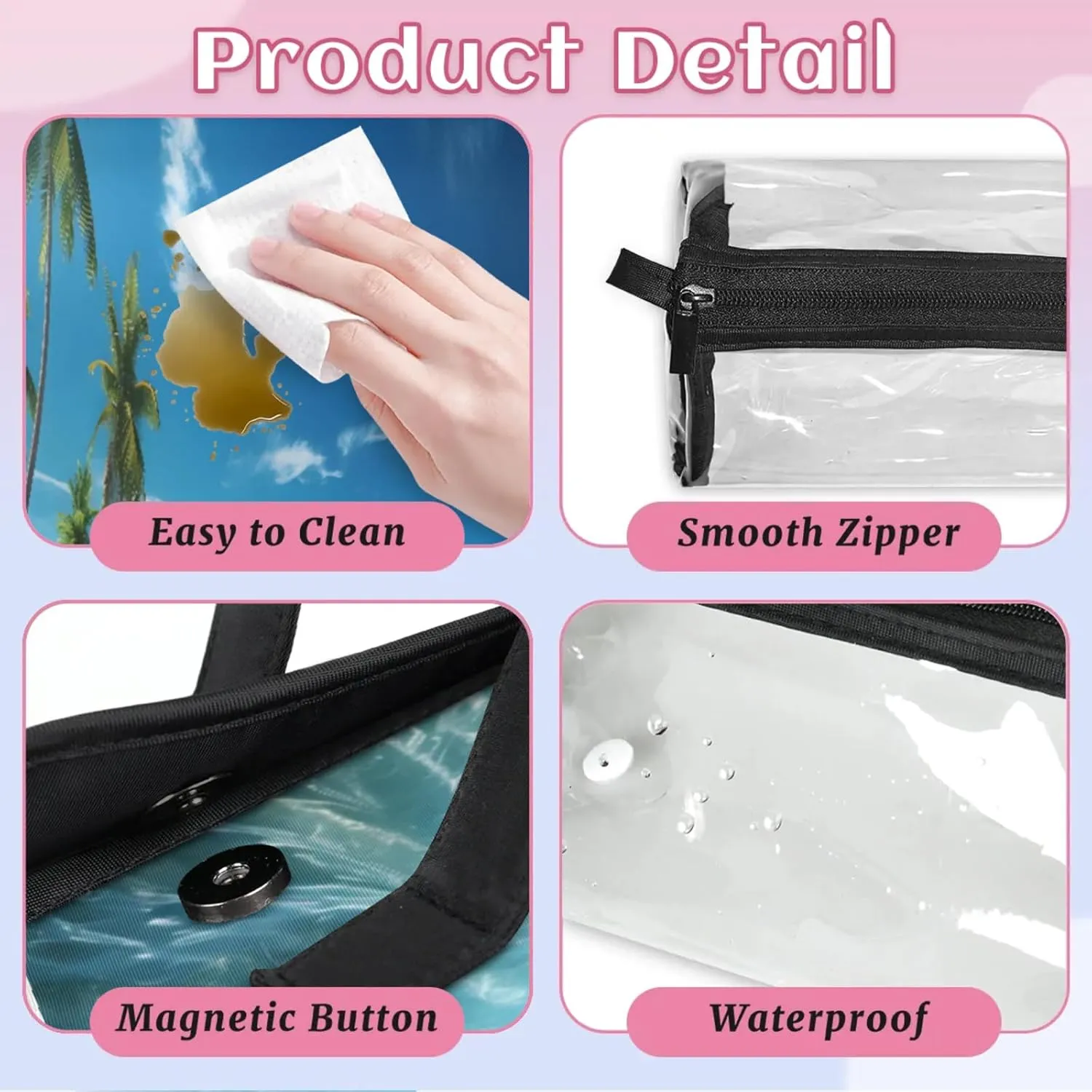 Ocean Water Beach Toiletry Bag Water Proof Travel Makeup Case Large Capacity 4 in 1 Foldable Cosmetics Storage for Women Men Removable Zipper Clear PVC Pockets