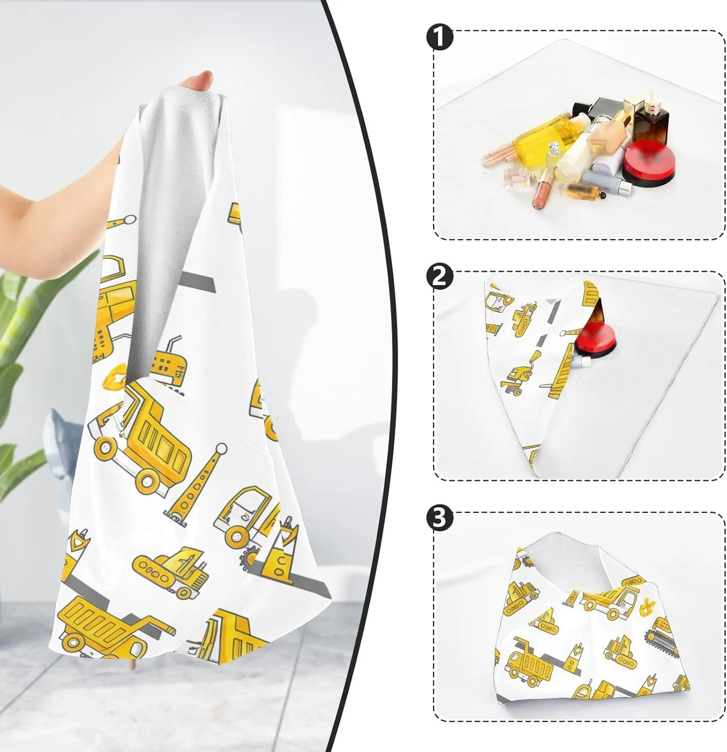 ODAWA Construction Vehicles Self Adhesive Cloth 17.7X17.7 Inch Makeup Wrap Cloth Bag Portable Cosmetic Bag for Travelling