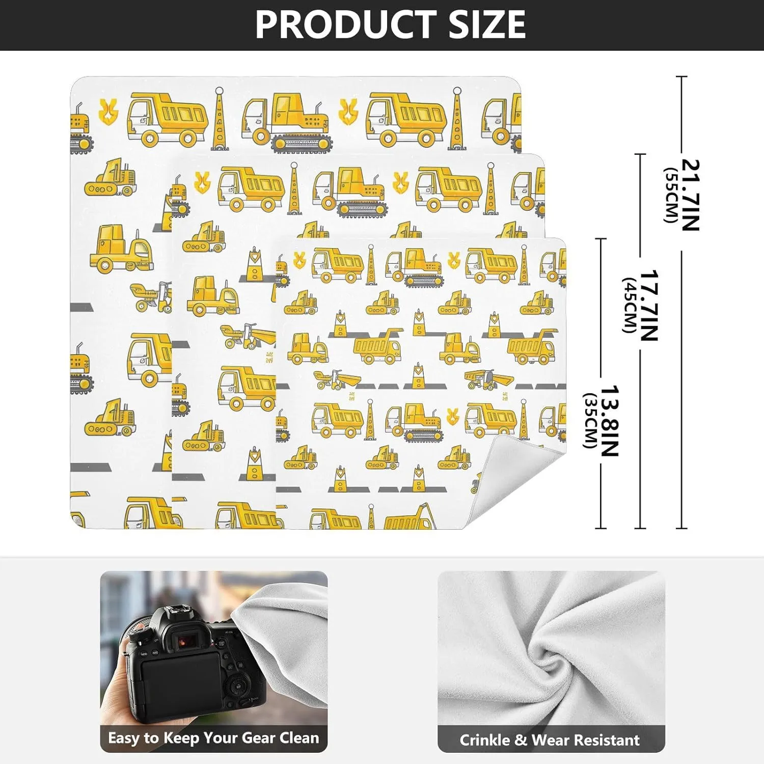 ODAWA Construction Vehicles Self Adhesive Cloth 17.7X17.7 Inch Makeup Wrap Cloth Bag Portable Cosmetic Bag for Travelling