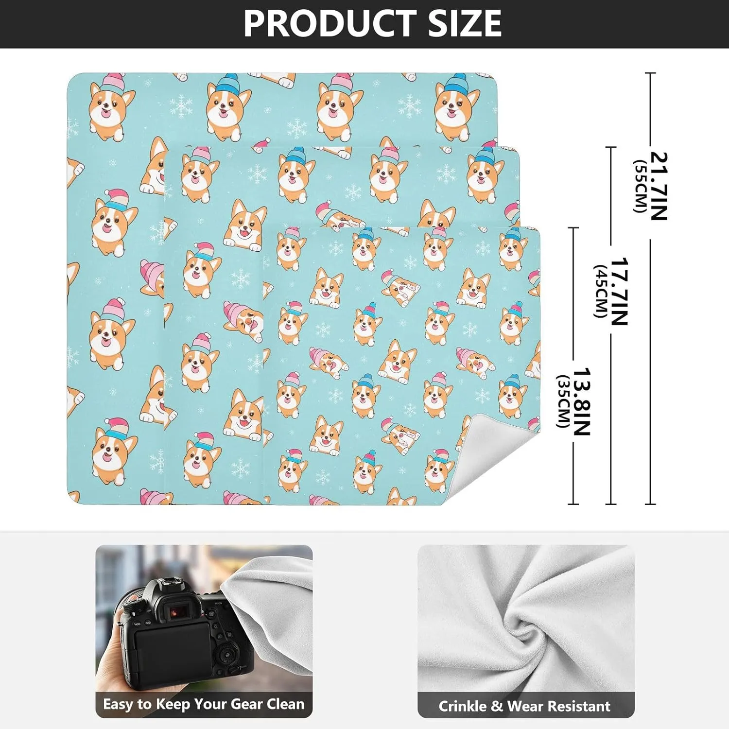 ODAWA Cute Dogs Blue Self Adhesive Cloth 21.7X21.7 Inch Makeup Wrap Cloth Bag Wrap Protection for Camera and Lens