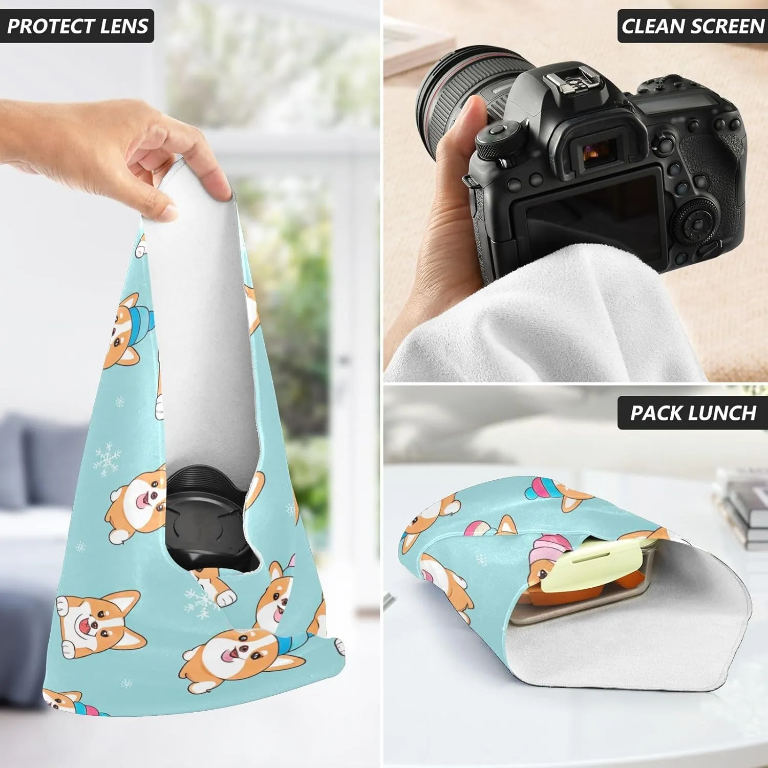 ODAWA Cute Dogs Blue Self Adhesive Cloth 21.7X21.7 Inch Makeup Wrap Cloth Bag Wrap Protection for Camera and Lens
