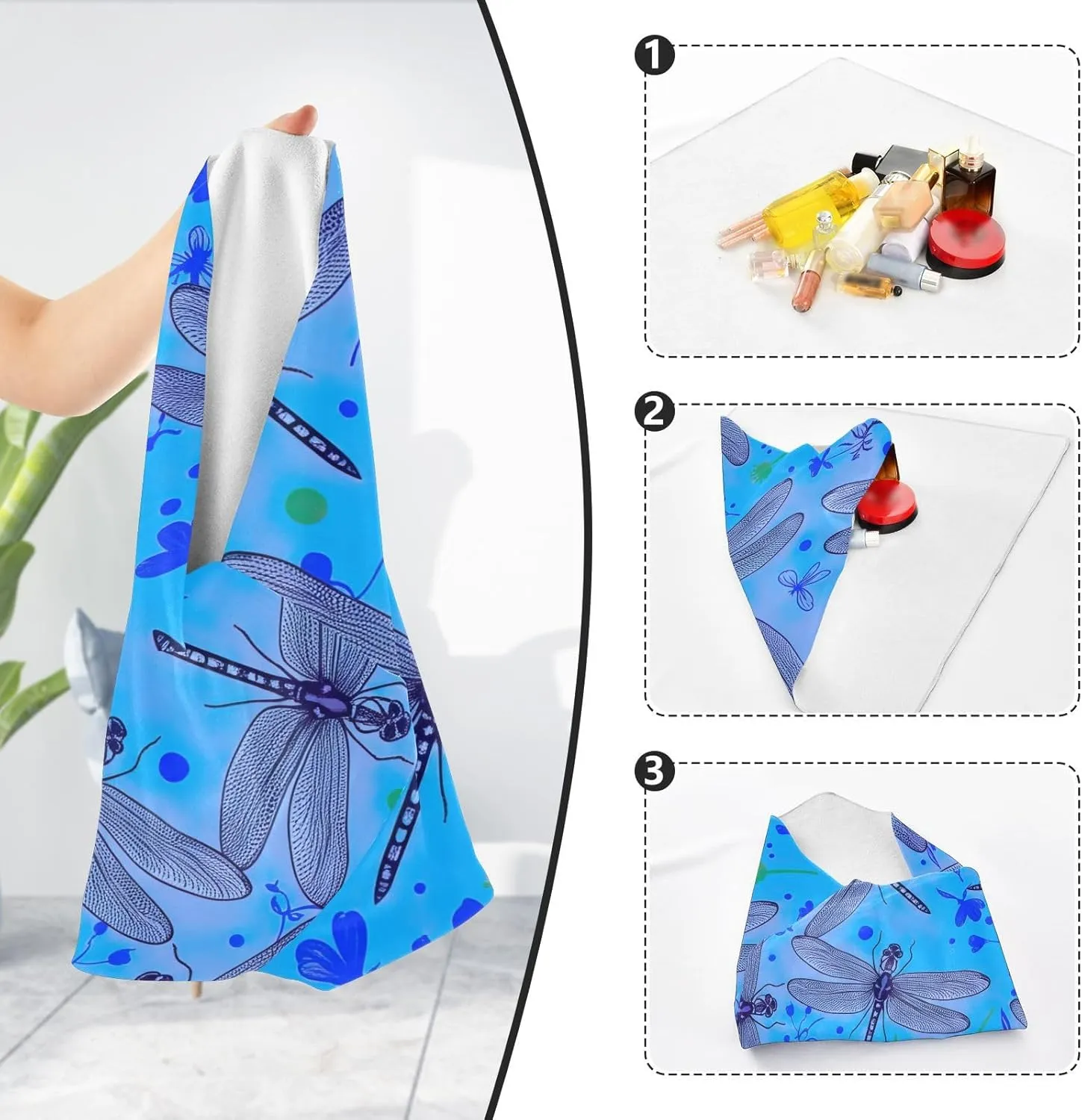 ODAWA Lens Protector Wrapper 17.7 In, Dragonflies Blue Daisies Travel Makeup Bag Organizer, Easy-Storage Magic Cloths for Camera