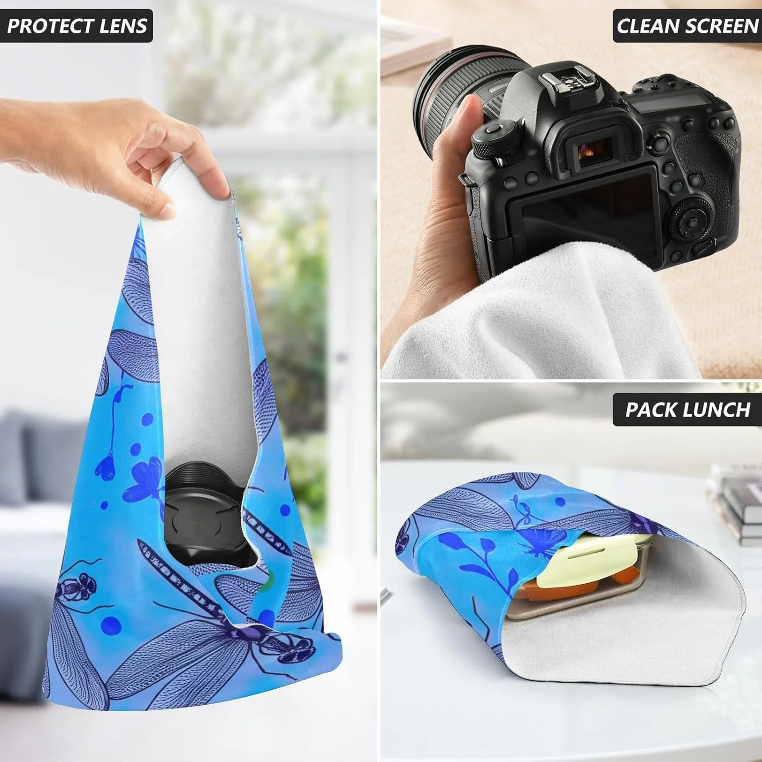 ODAWA Lens Protector Wrapper 17.7 In, Dragonflies Blue Daisies Travel Makeup Bag Organizer, Easy-Storage Magic Cloths for Camera