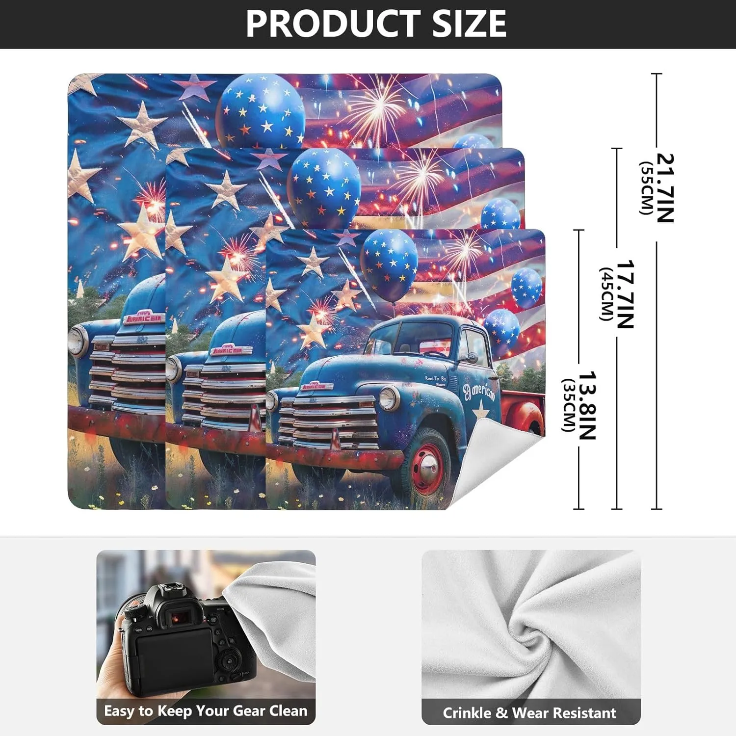 ODAWA Lens Protector Wrapper of July Blue Truck Balloons Self Adhesive Cloth 17.7"x17.7" Portable Cosmetic Bag for Travelling