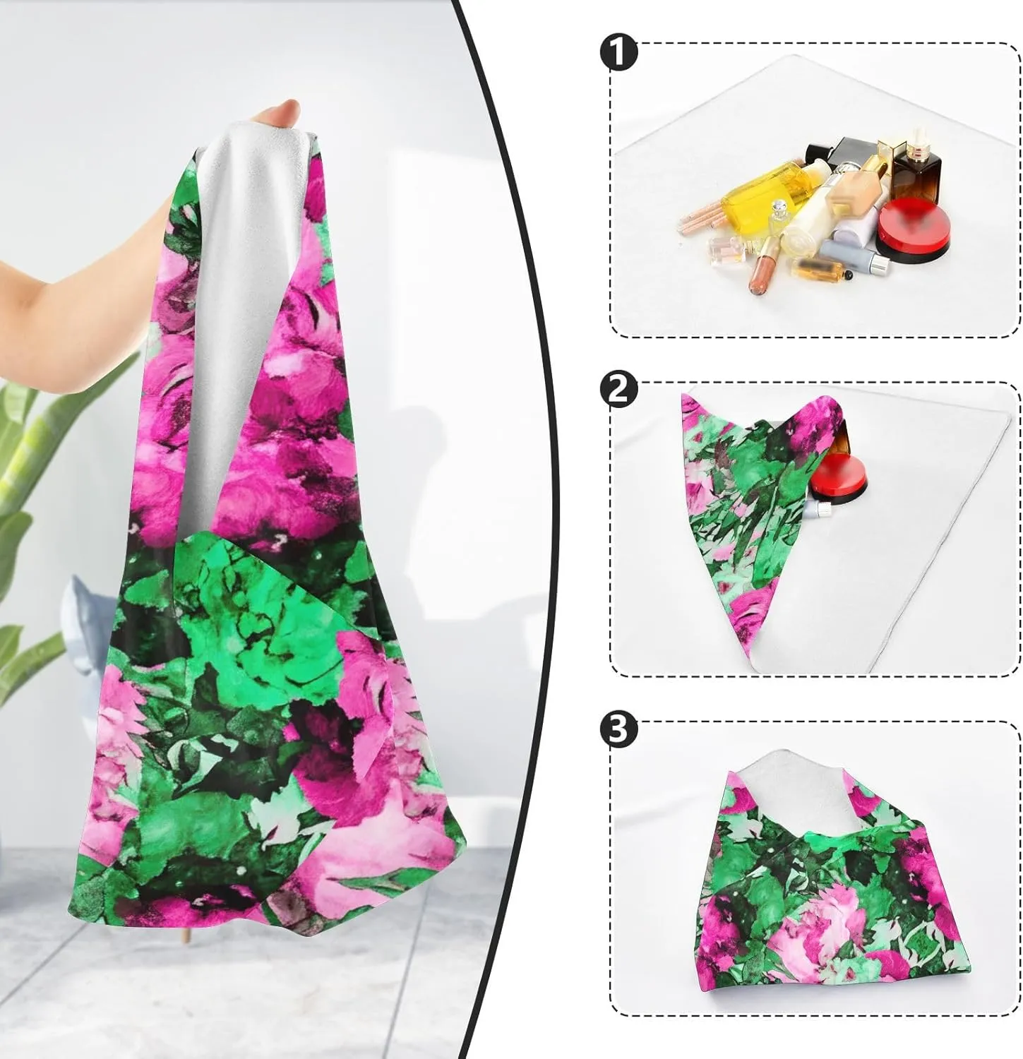 ODAWA Watercolor Roses Green Self-adhesive Cloth 17.7X17.7 Inch Makeup Wrap Cloth Bag Portable Cosmetic Bag for Travelling
