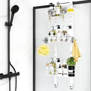 ODesign Over The Door Shower Caddy, 3-Tier Adjustable Hanging Shower Caddy with Soap Holder & 4 Hooks, Rustproof Bathroom Shower Organizer with Suction Cup, Shower Rack for Shampoo Razor - White
