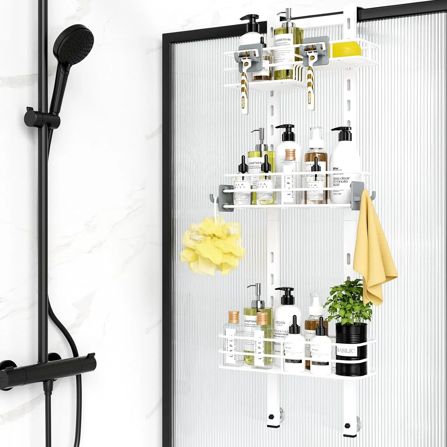 ODesign Over The Door Shower Caddy, 3-Tier Adjustable Hanging Shower Caddy with Soap Holder & 4 Hooks, Rustproof Bathroom Shower Organizer with Suction Cup, Shower Rack for Shampoo Razor - White