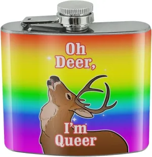 Oh Deer I'm Queer Rainbow Pride Gay Lesbian Funny Stainless Steel 5oz Hip Drink Kidney Flask