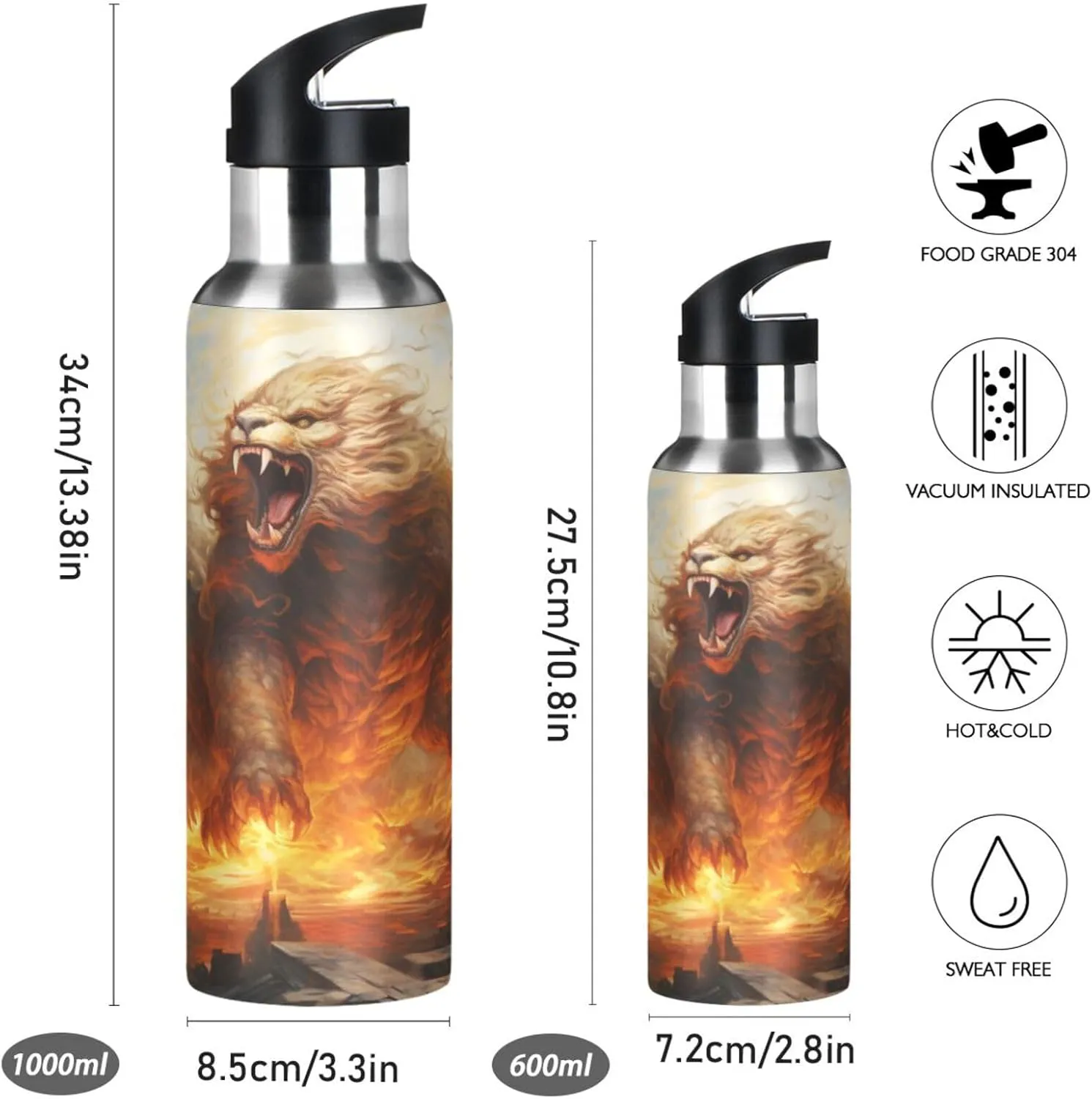 Oil Paintings Angry Lion Sport Water Bottle Insulated Stainless Steel Large Vacuum Flask Leak Proof Thermos with Straw for Travel(600ml/1000ml)