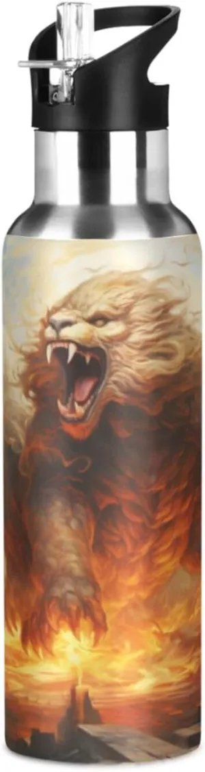 Oil Paintings Angry Lion Sport Water Bottle Insulated Stainless Steel Large Vacuum Flask Leak Proof Thermos with Straw for Travel(600ml/1000ml)