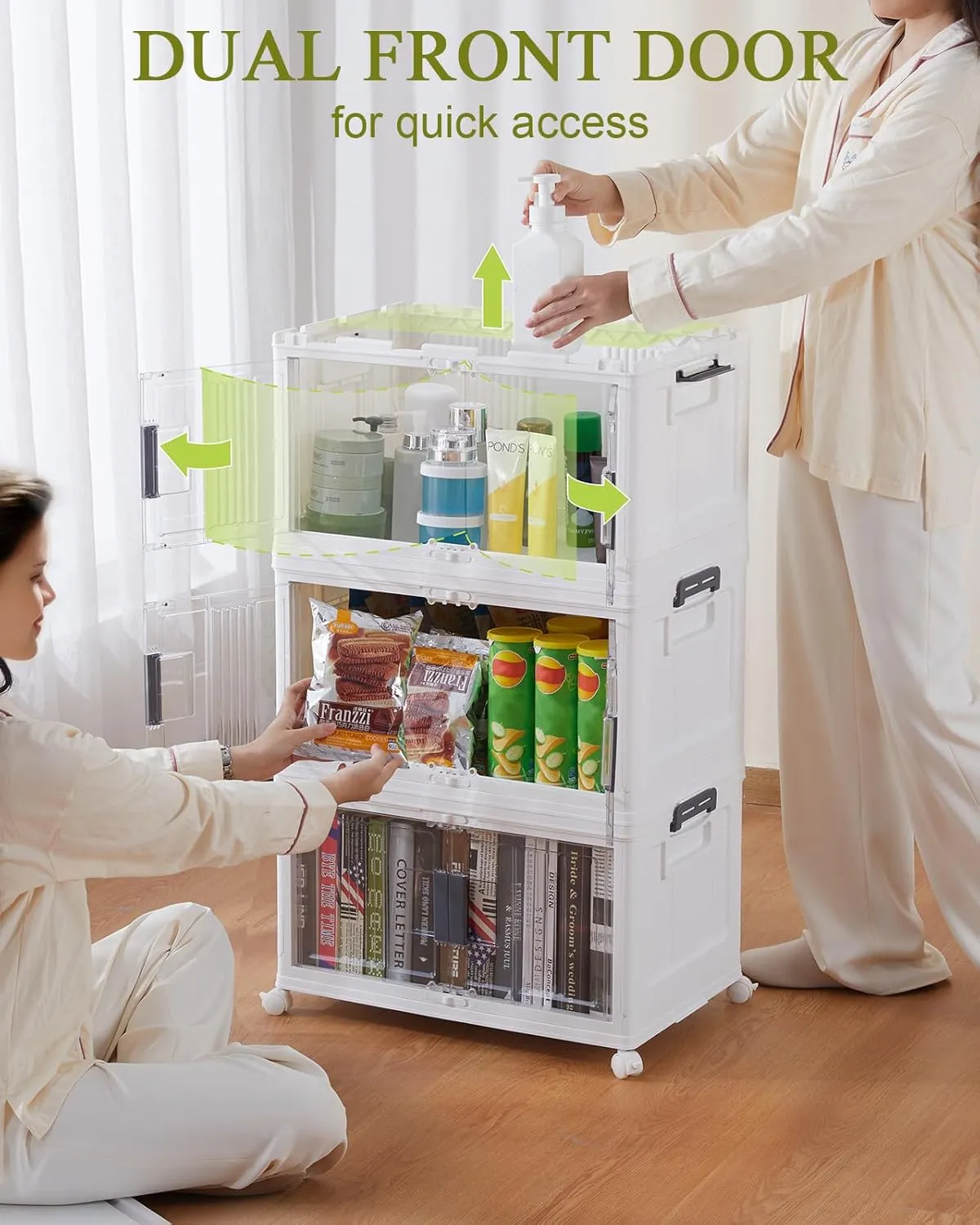 OlarHike 48QT Stackable Storage Bins with Lids - Folding Storage Boxes with Doors and Wheels, Collapsible Plastic Storage Organizer for Closets, Storage and Organization, 6 Pack Cubes