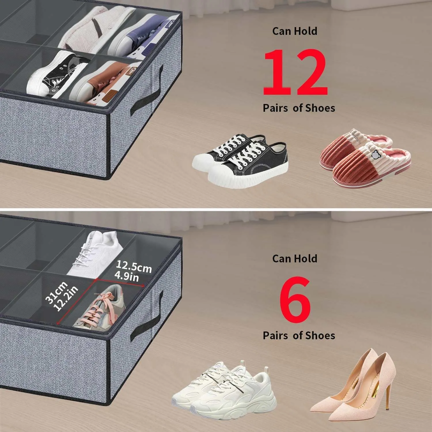 Onlyeasy Large Under Bed Shoe Organizer (6 to 12 Pairs x 2) - Underbed Shoes Closet Storage Solution with Metal Zipper and 2 Handles, Breathable, 29.3"x23.6"x5.9", Linen-like Grey, MXDUBSB2P