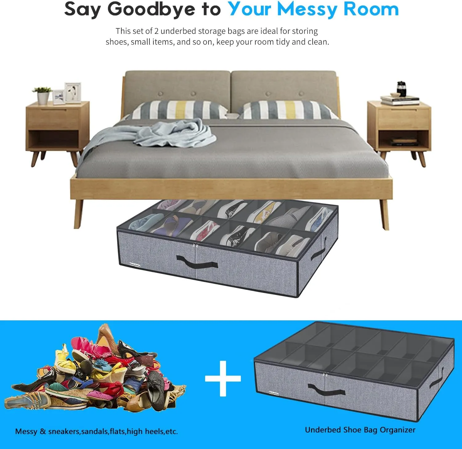 Onlyeasy Large Under Bed Shoe Organizer (6 to 12 Pairs x 2) - Underbed Shoes Closet Storage Solution with Metal Zipper and 2 Handles, Breathable, 29.3"x23.6"x5.9", Linen-like Grey, MXDUBSB2P