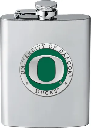 Oregon Flask | 8 Ounce Liquor Flask Container - Stainless Steel | Intricately Crafted Metal Pewter Alma Mater Inlay