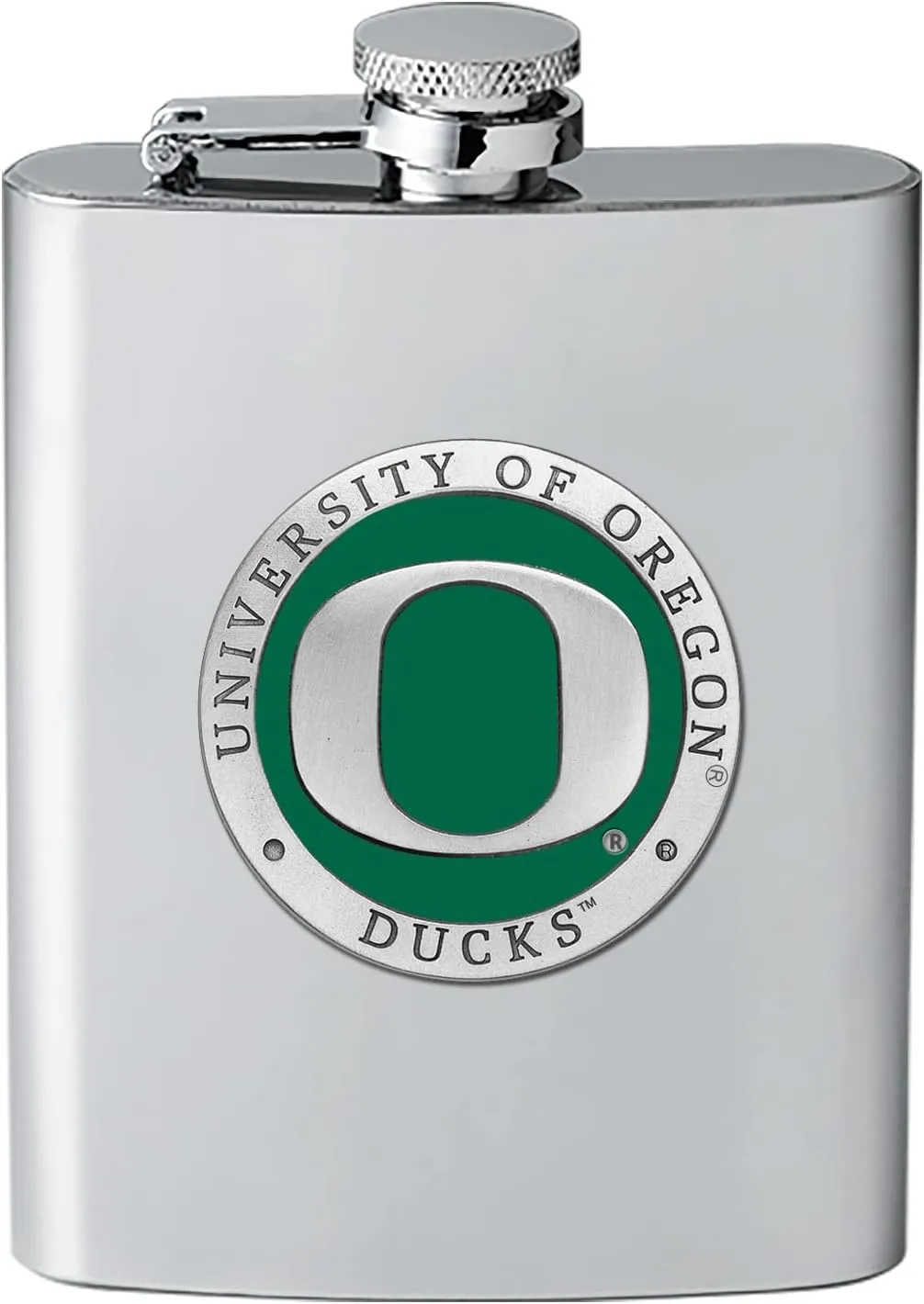 Oregon Flask | 8 Ounce Liquor Flask Container - Stainless Steel | Intricately Crafted Metal Pewter Alma Mater Inlay