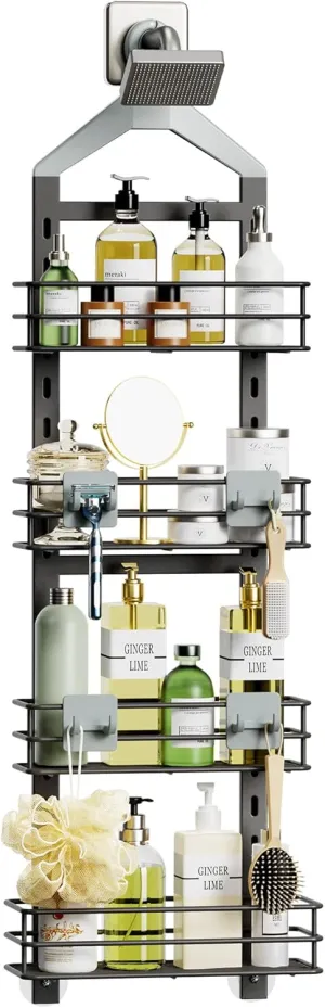 Orimade 4 Tier Adjustable Anti-slip Shower Caddy over Shower Head,Rustproof Bathroom Hanging shower Organizer with 4 Hooks for Razor,No Drilling Shower shelves Storage Rack,Grey