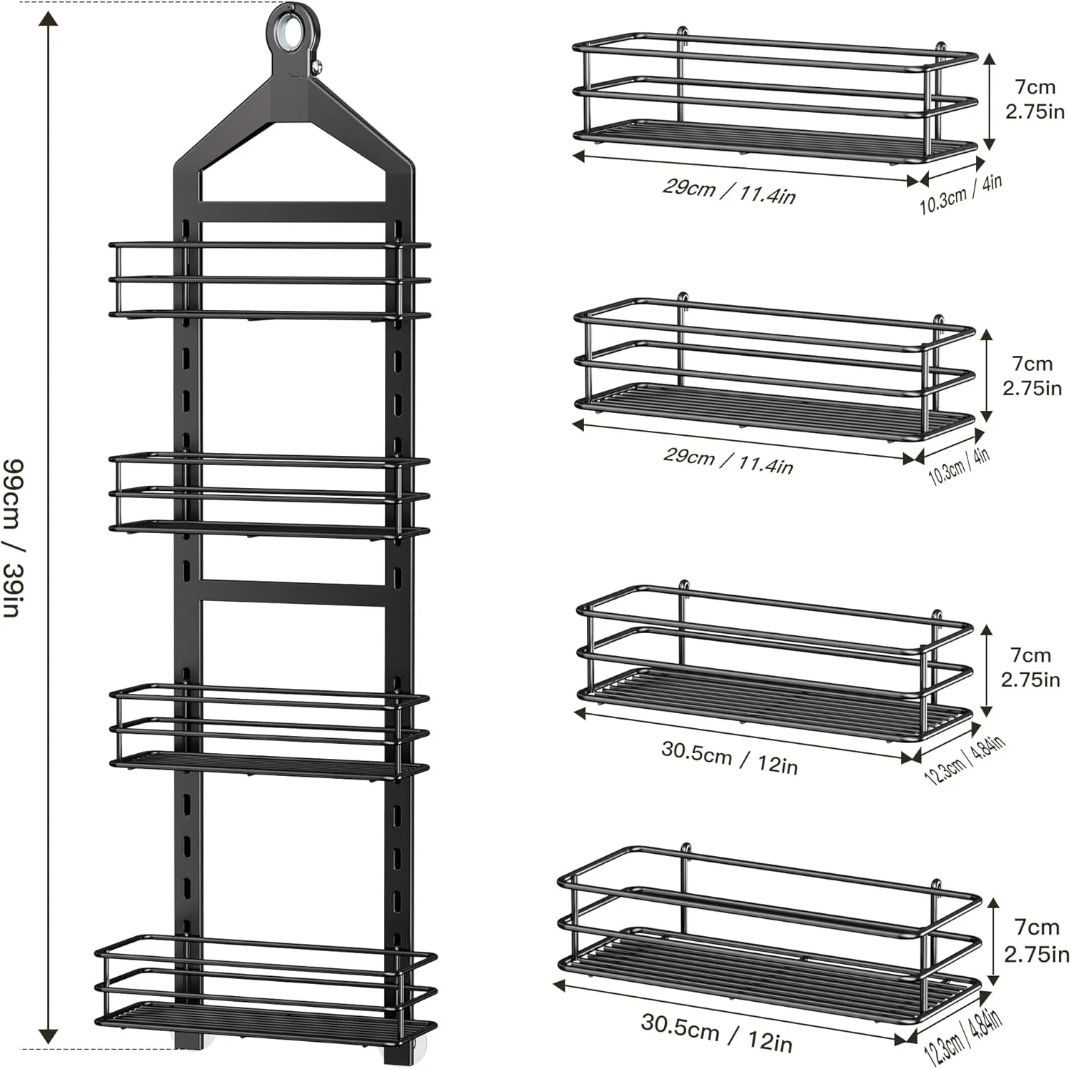 Orimade Adjustable Anti-Slip Hanging Shower Caddy Over Shower Head,Rustproof Bathroom Hanging Shower Organizer with 4 Hooks for Razor,No Drilling Shower Shelves Storage Rack,Black 4 Tier