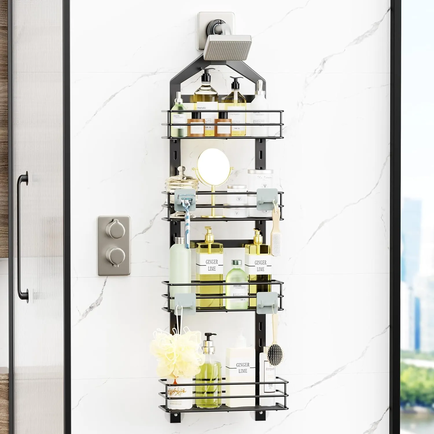 Orimade Adjustable Anti-Slip Hanging Shower Caddy Over Shower Head,Rustproof Bathroom Hanging Shower Organizer with 4 Hooks for Razor,No Drilling Shower Shelves Storage Rack,Black 4 Tier